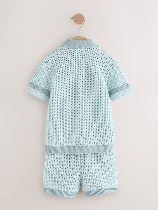 Blue Crochet Knitted Short Sleeve Shirt and Shorts Set (3mths-10yrs)