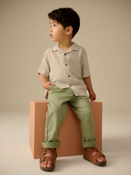 Neutral Plain Short Sleeves Linen Blend Revere Collar Shirt (3mths-7yrs)