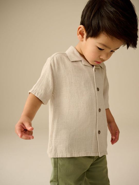 Neutral Plain Short Sleeves Linen Blend Revere Collar Shirt (3mths-7yrs)