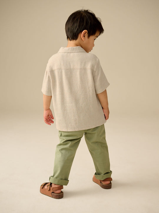 Neutral Plain Short Sleeves Linen Blend Revere Collar Shirt (3mths-7yrs)
