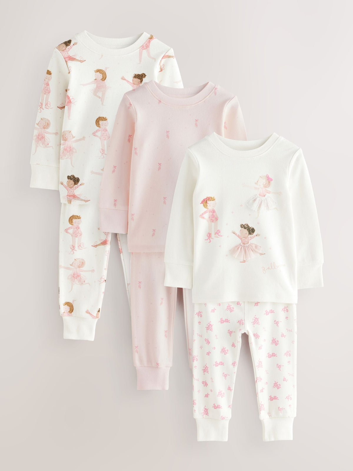 Pink/Cream Ballerina Snuggle Pyjamas 3 Pack (9mths-12yrs)