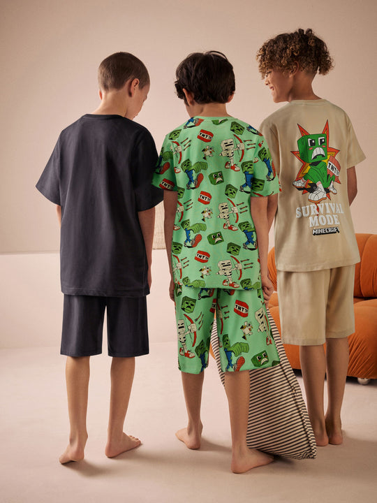Black/Green/Stone Minecraft 100% Cotton Short Pyjamas 3 Pack (3-16yrs)