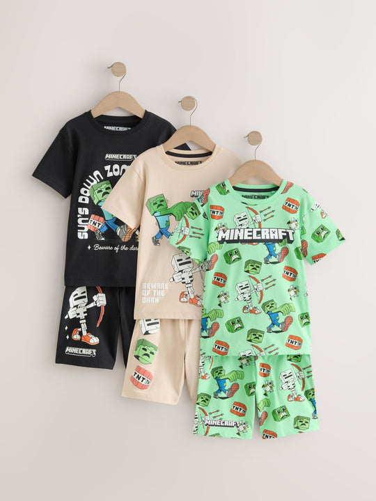 Black/Green/Stone Minecraft 100% Cotton Short Pyjamas 3 Pack (3-16yrs)