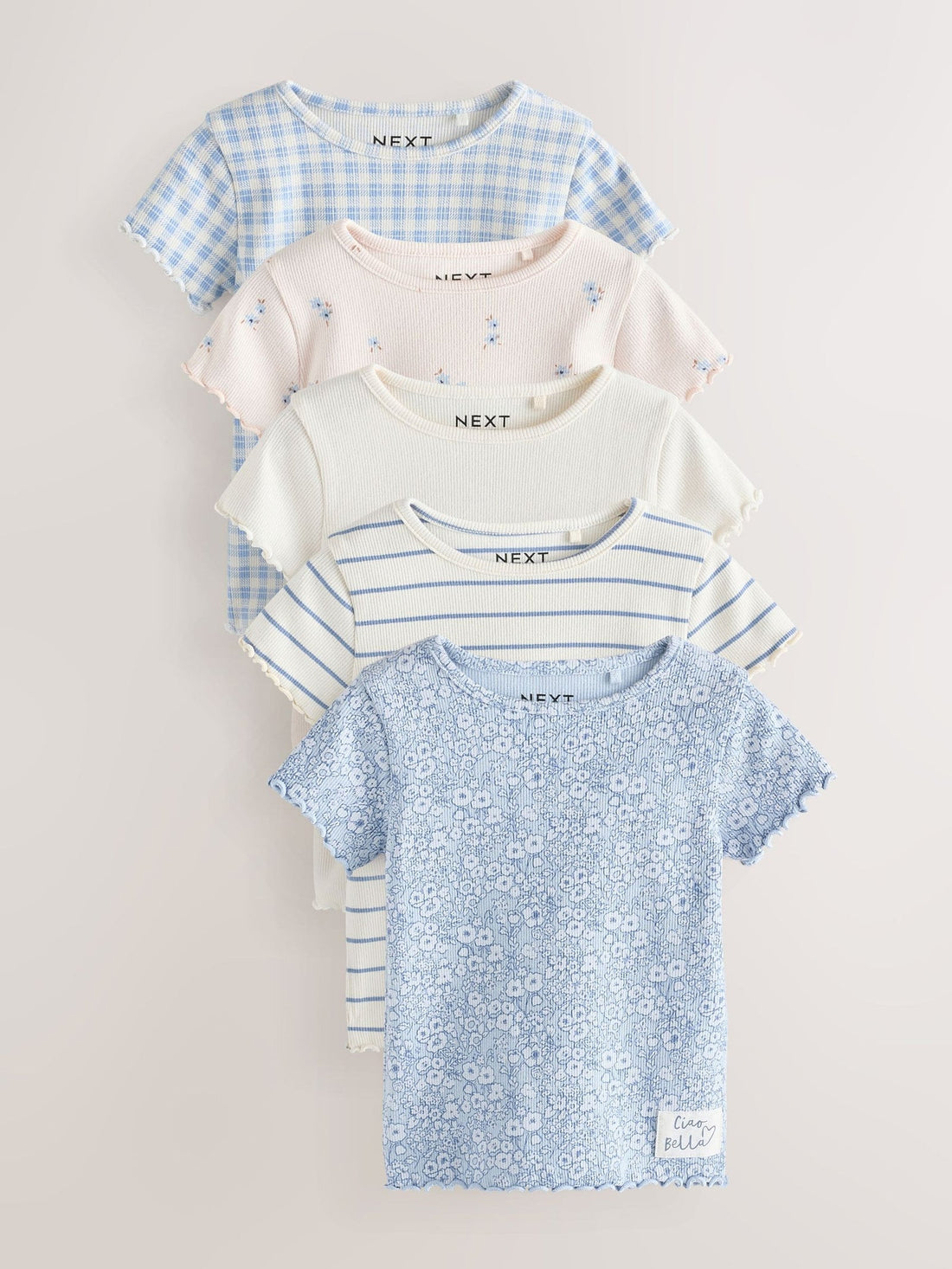 Blue Ribbed Short Sleeve Tops 5 Pack (3mths-7yrs)