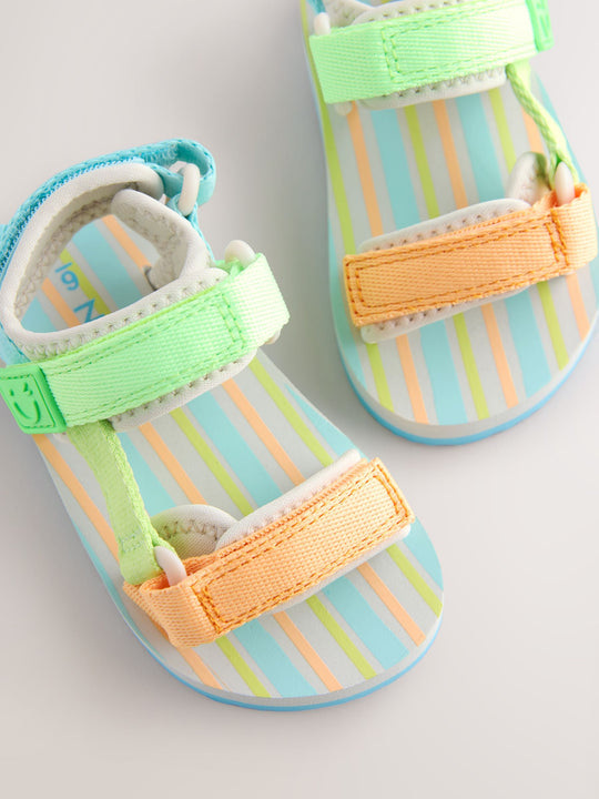 Blue/Green Bright Stripe Wide Fit (G) Touch Fastening Adjustable Strap Tape Trekker Walking Sandals