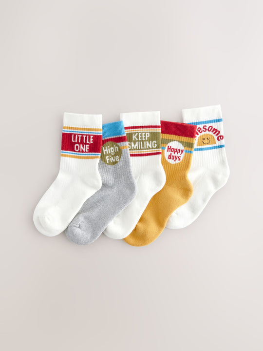 Ecru/Mustard/Red Retro Slogan Character Cotton Rich Socks 5 Pack