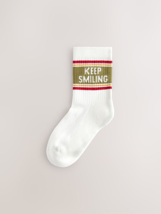Ecru/Mustard/Red Retro Slogan Character Cotton Rich Socks 5 Pack