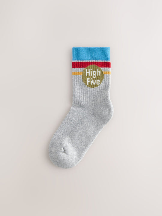 Ecru/Mustard/Red Retro Slogan Character Cotton Rich Socks 5 Pack