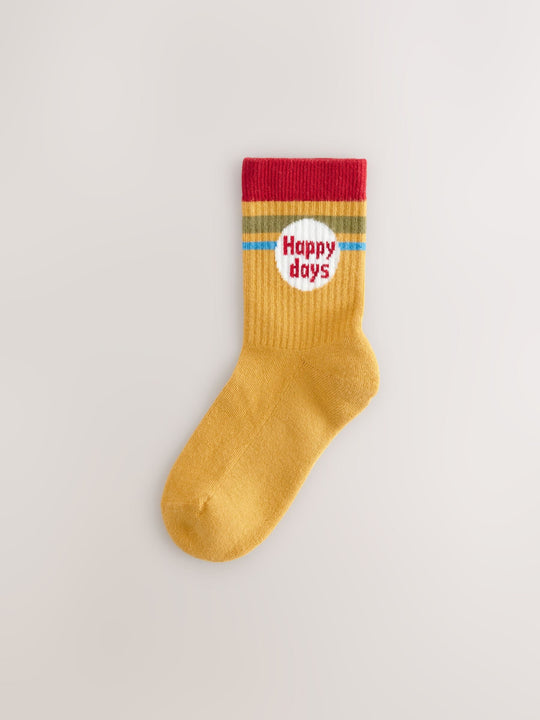 Ecru/Mustard/Red Retro Slogan Character Cotton Rich Socks 5 Pack