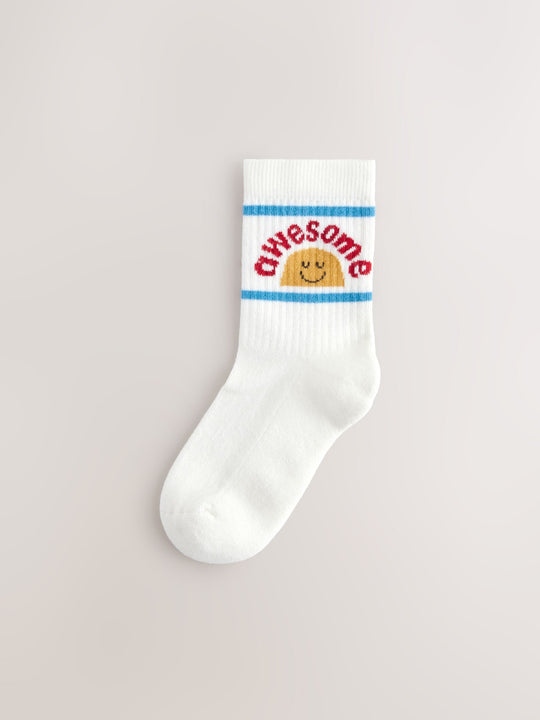 Ecru/Mustard/Red Retro Slogan Character Cotton Rich Socks 5 Pack