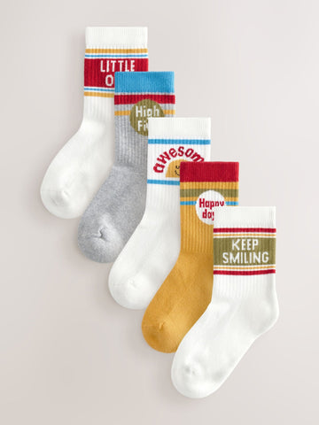 Ecru/Mustard/Red Retro Slogan Character Cotton Rich Socks 5 Pack