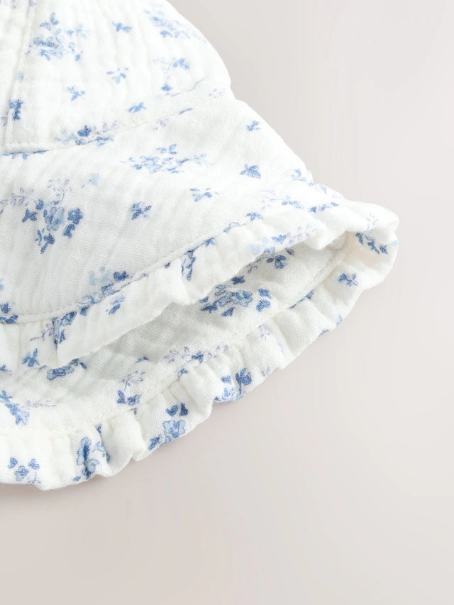 White/Blue Ditsy Floral Print 100% Cotton Baby Bucket Hat (0mths-2yrs)