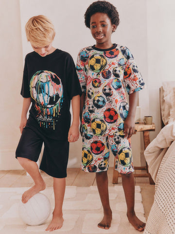 Black/ Multi Bright Football Short Pyjamas 2 Pack (3-16yrs)