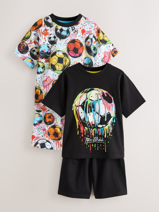 Black/ Multi Bright Football Short Pyjamas 2 Pack (3-16yrs)