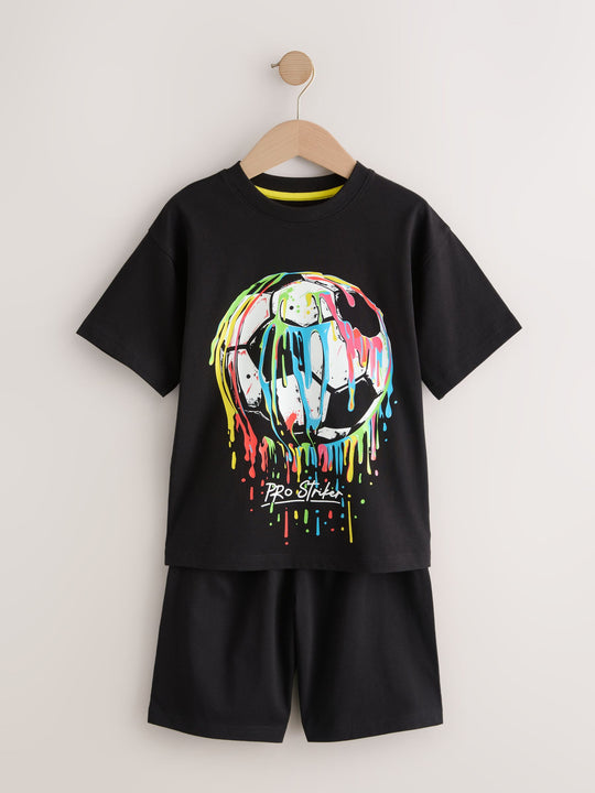 Black/ Multi Bright Football Short Pyjamas 2 Pack (3-16yrs)