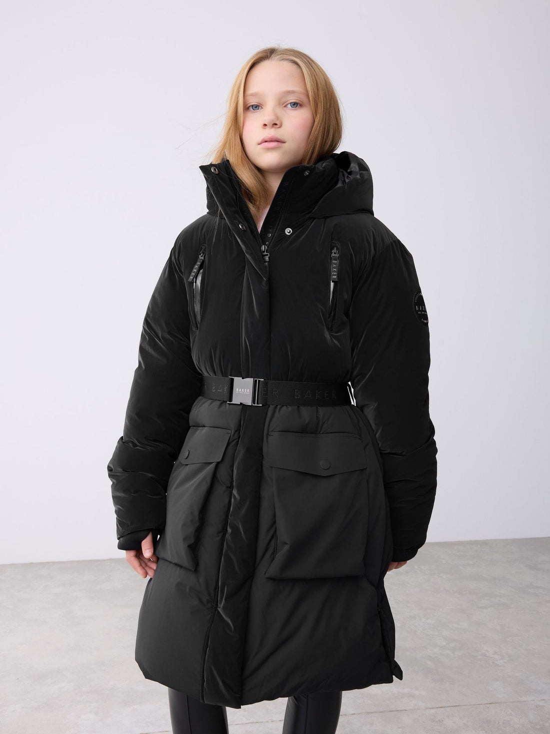 Baker by Ted Baker Shower Resistant Longline Belted Padded Black Parka