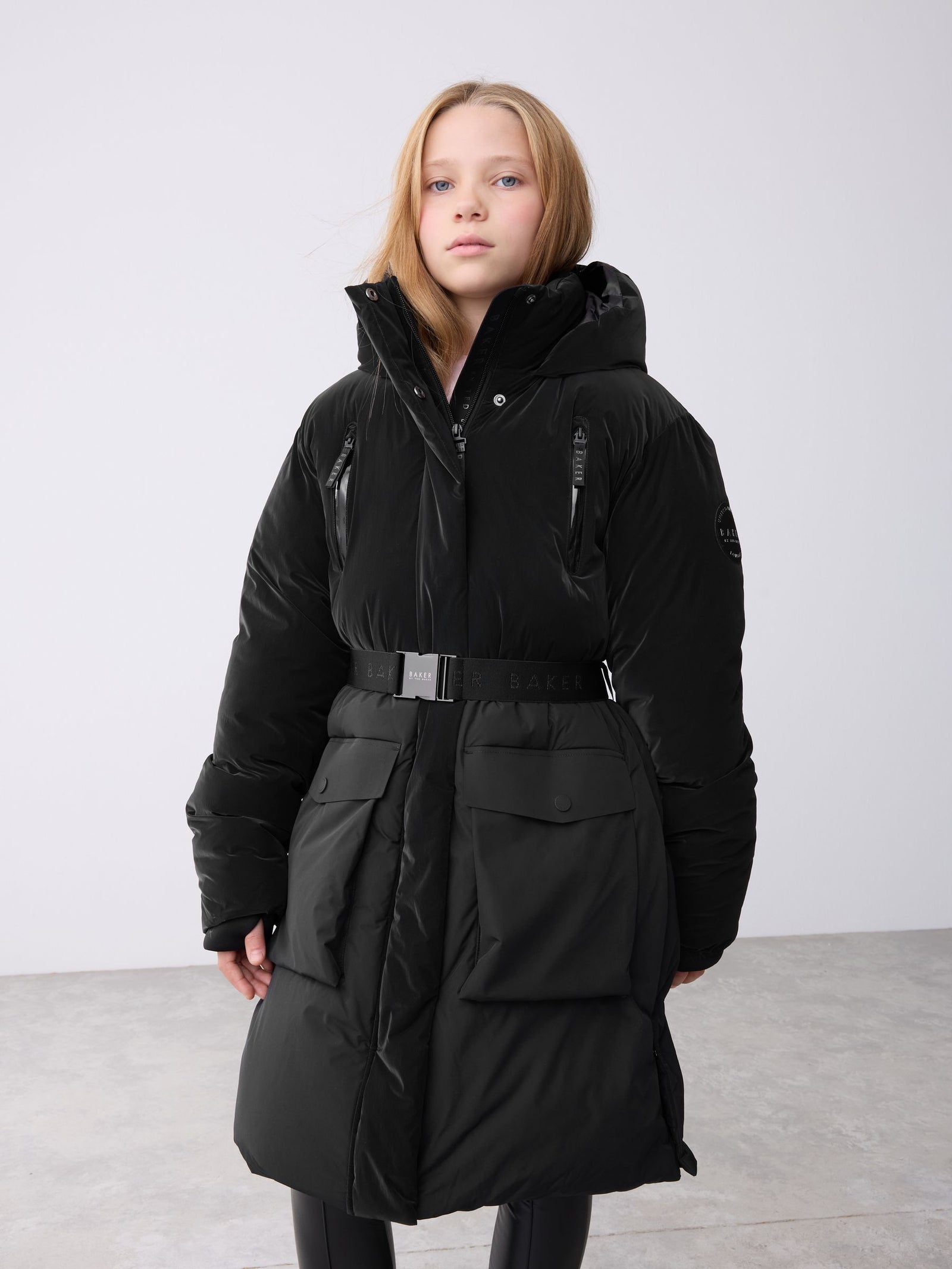 Baker by Ted Baker Shower Resistant Longline Belted Padded Black Parka