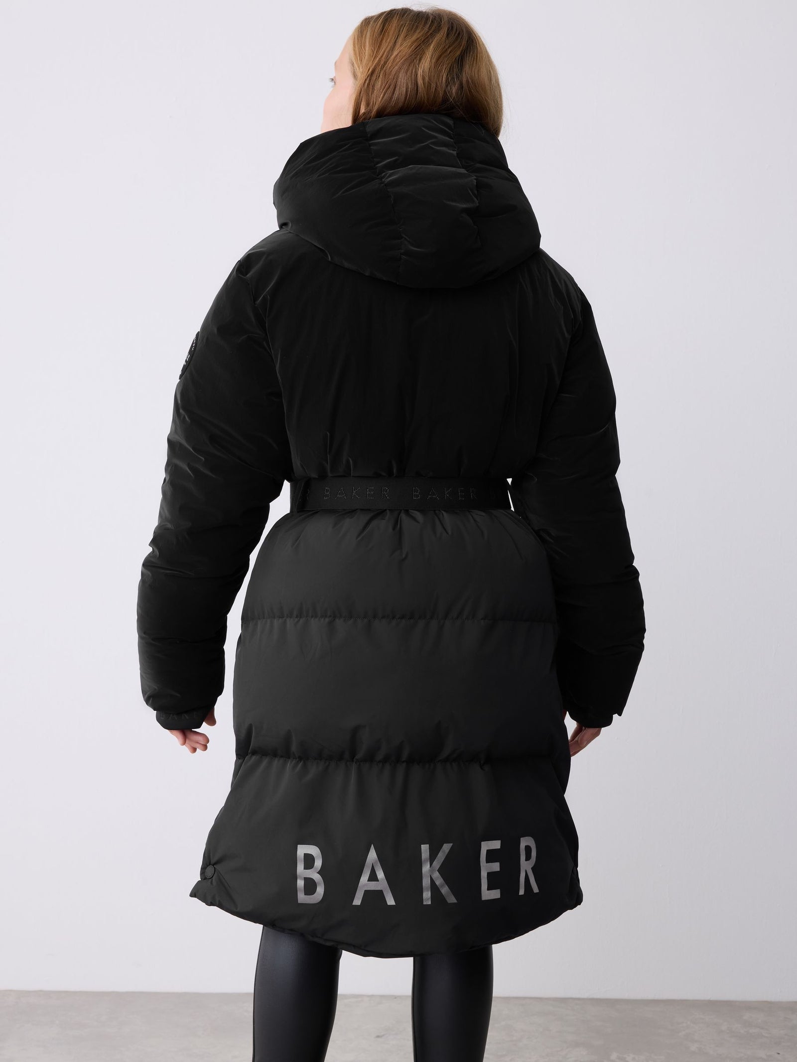 Baker by Ted Baker Shower Resistant Longline Belted Padded Black Parka