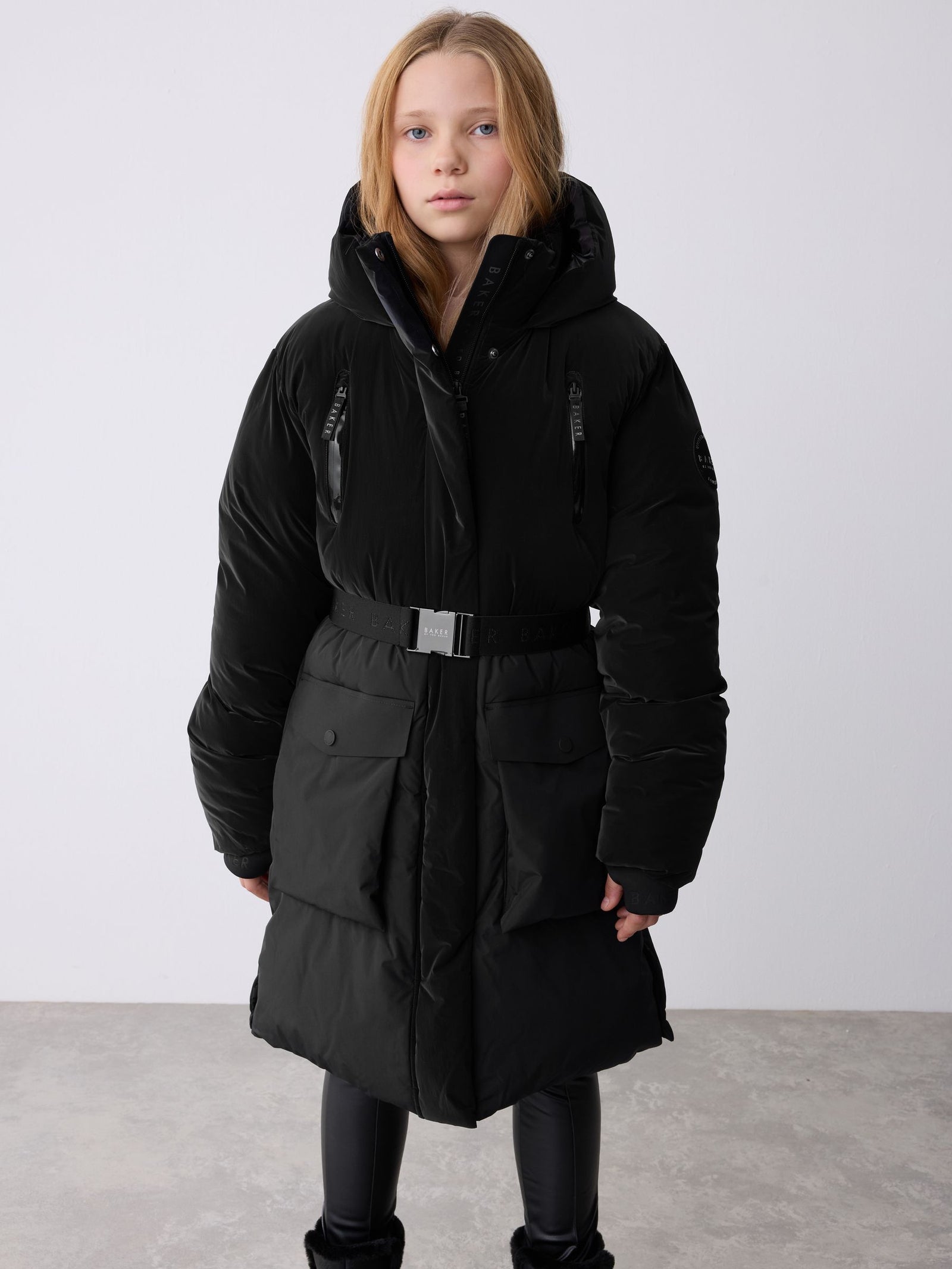 Baker by Ted Baker Shower Resistant Longline Belted Padded Black Parka
