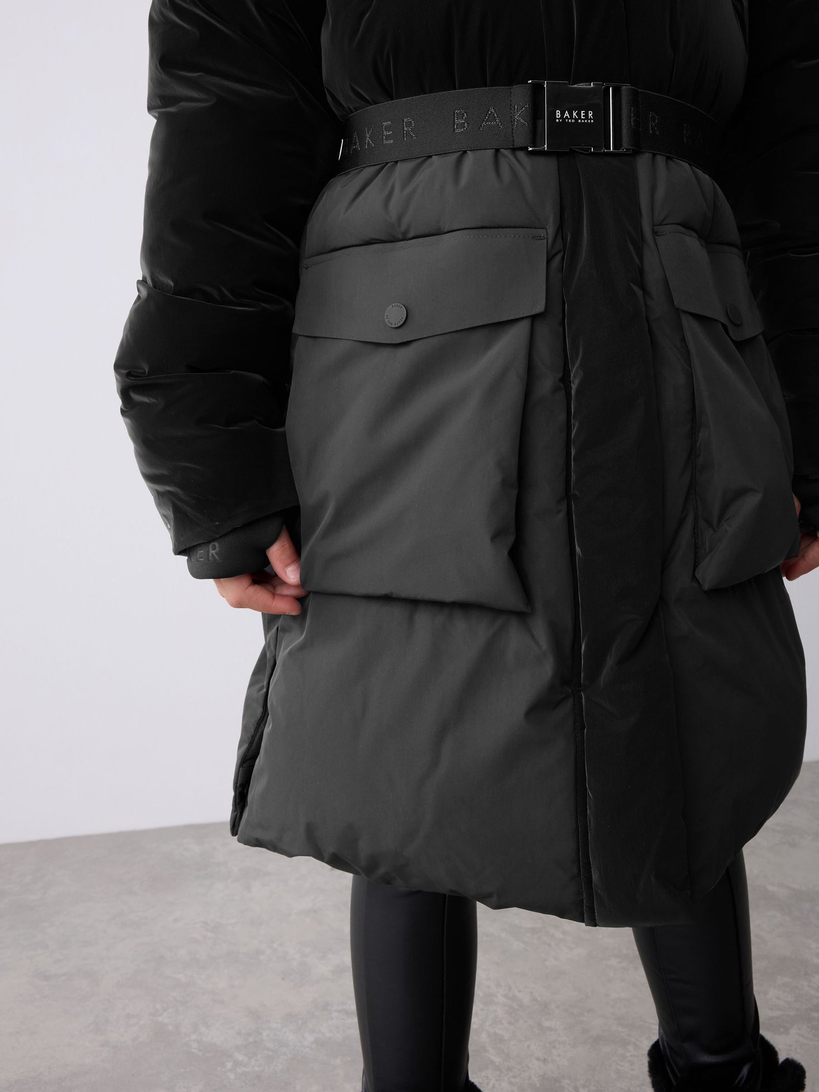 Baker by Ted Baker Shower Resistant Longline Belted Padded Black Parka