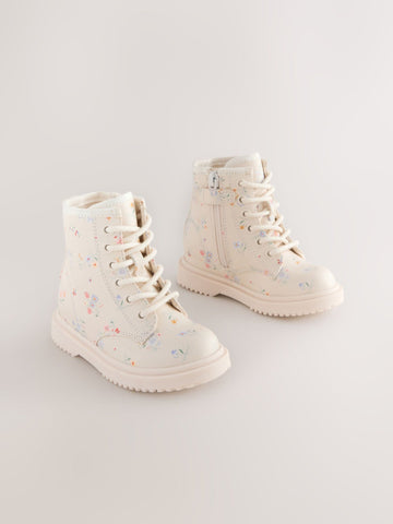 Cream Floral Standard Fit (F) Lace-Up Ankle Boots