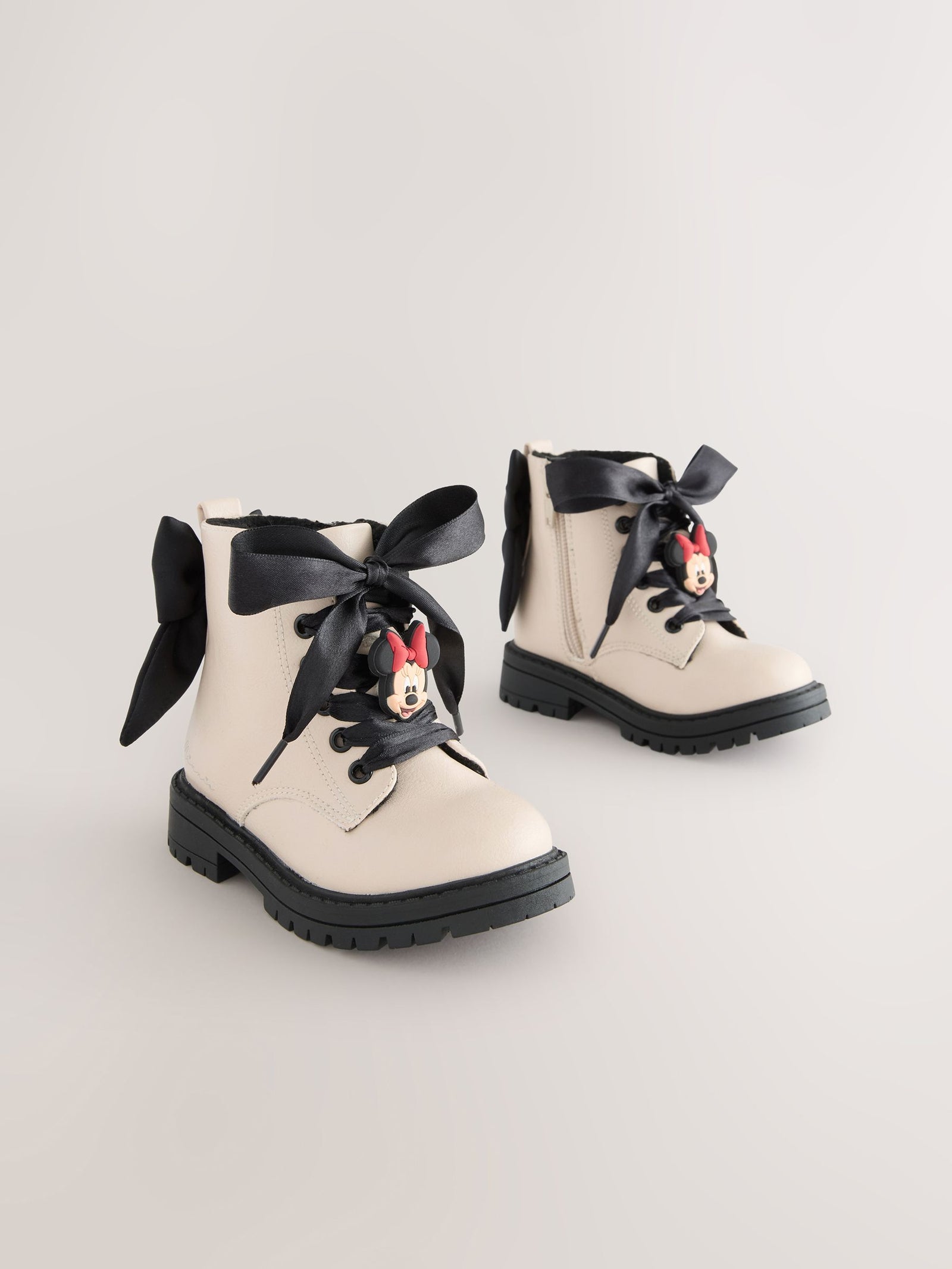 Neutral Minnie Mouse Bow Detail Lace Up Ankle Boots