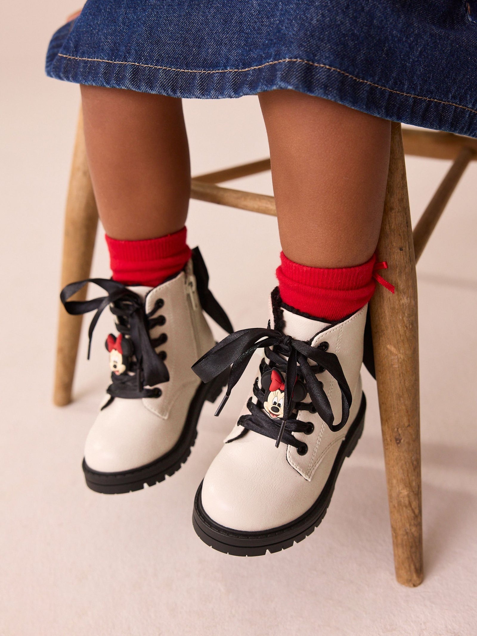Neutral Minnie Mouse Bow Detail Lace Up Ankle Boots
