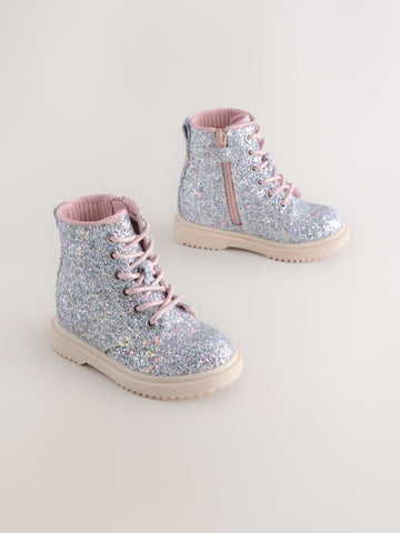 Silver Glitter Standard Fit (F) Lace-Up Ankle Boots