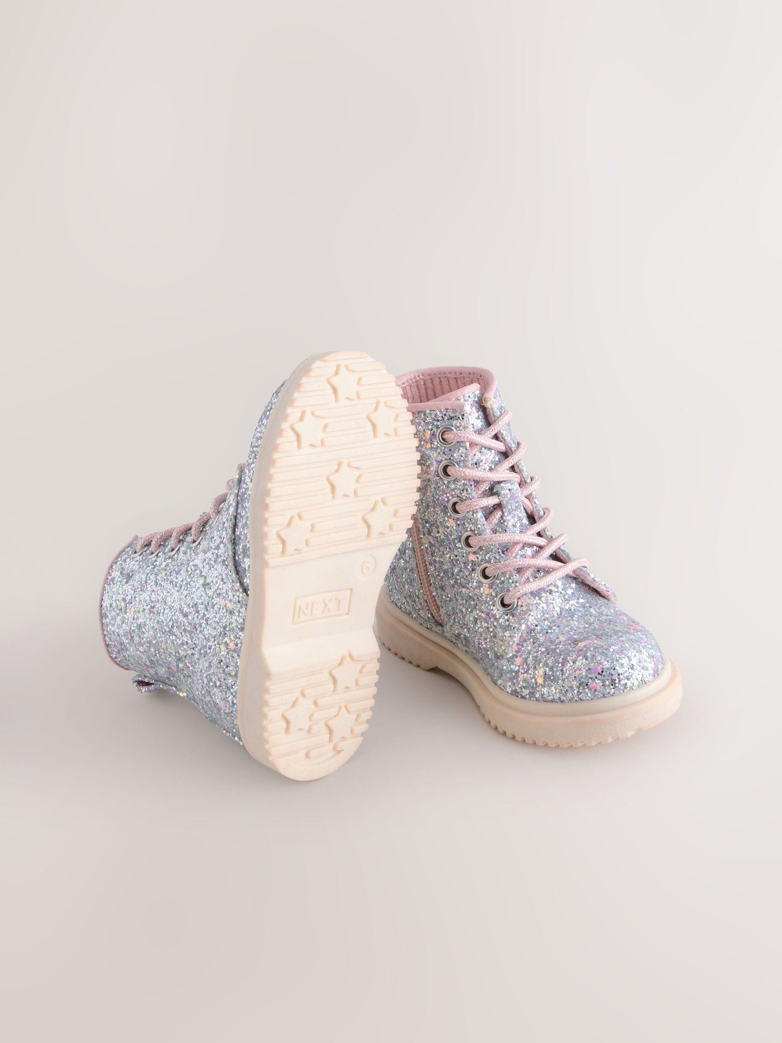 Silver Glitter Standard Fit (F) Lace-Up Ankle Boots