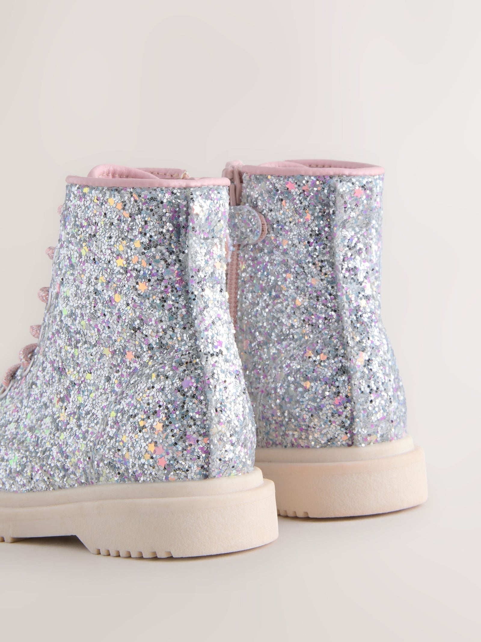 Silver Glitter Standard Fit (F) Lace-Up Ankle Boots