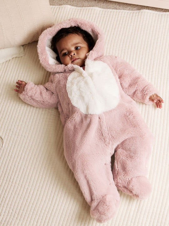 Pink Faux Fur Baby Bunny Pramsuit (0-18mths)