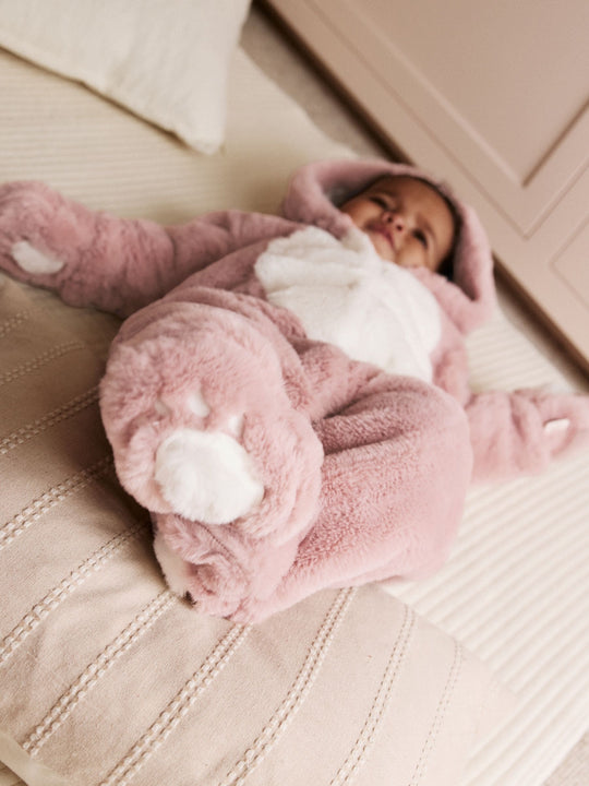 Pink Faux Fur Baby Bunny Pramsuit (0-18mths)