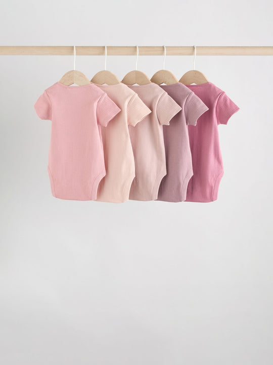 Pink 5 Pack Short Sleeve Baby Bodysuits