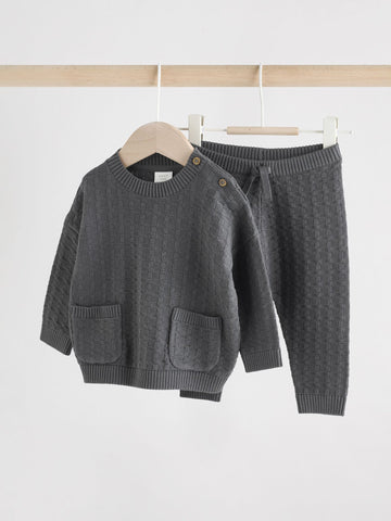 Charcoal Grey Baby Textured Knitted 100% Cotton Jumper and Leggings Set (0mths-3yrs)