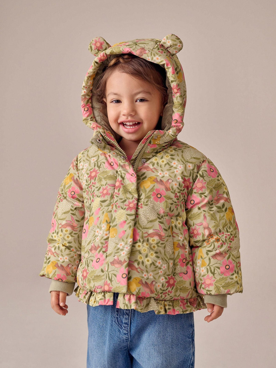 Green Floral Shower Resistant Frill Hem Padded Coat (3mths-7yrs)