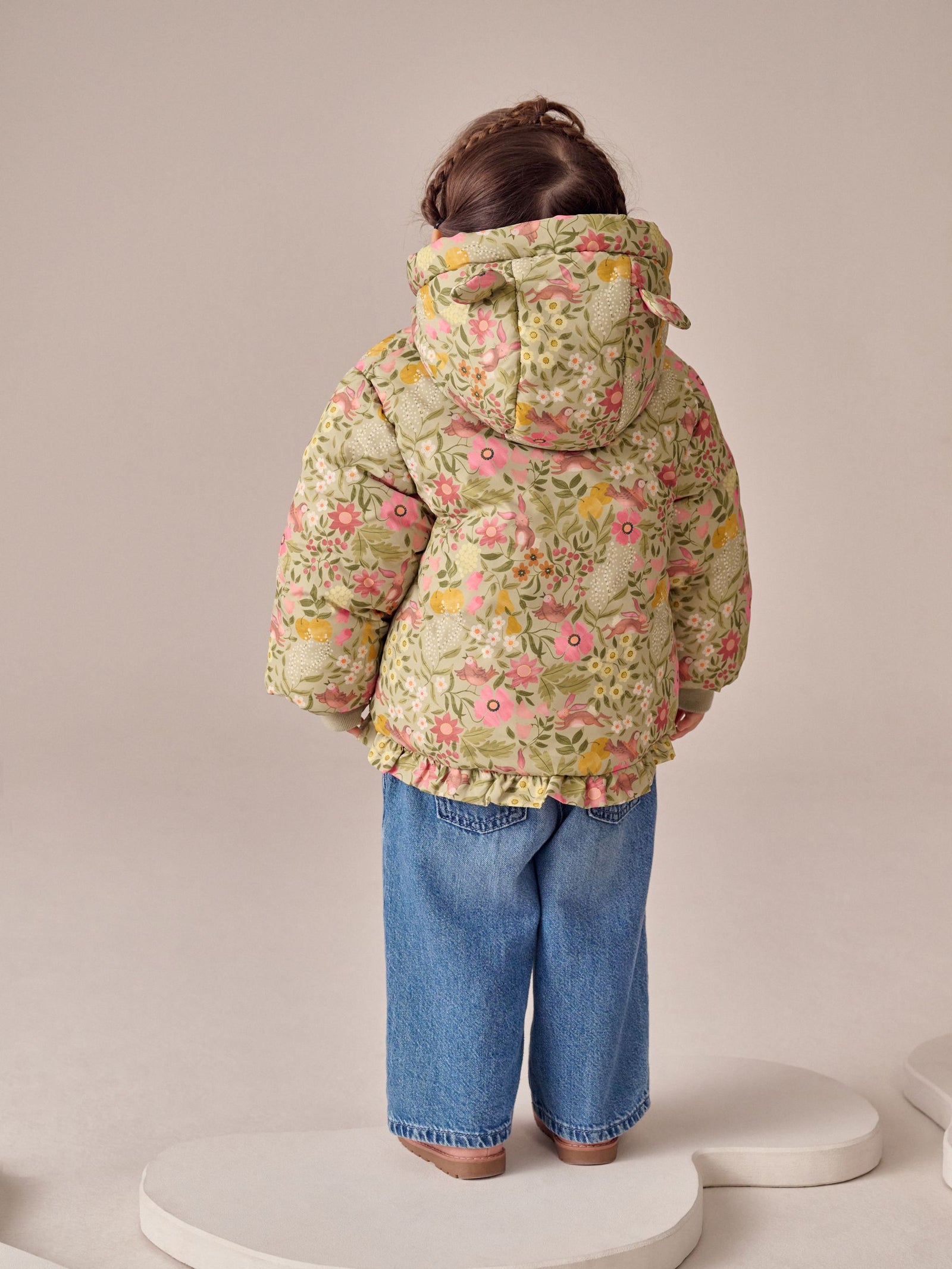 Green Floral Shower Resistant Frill Hem Padded Coat (3mths-7yrs)