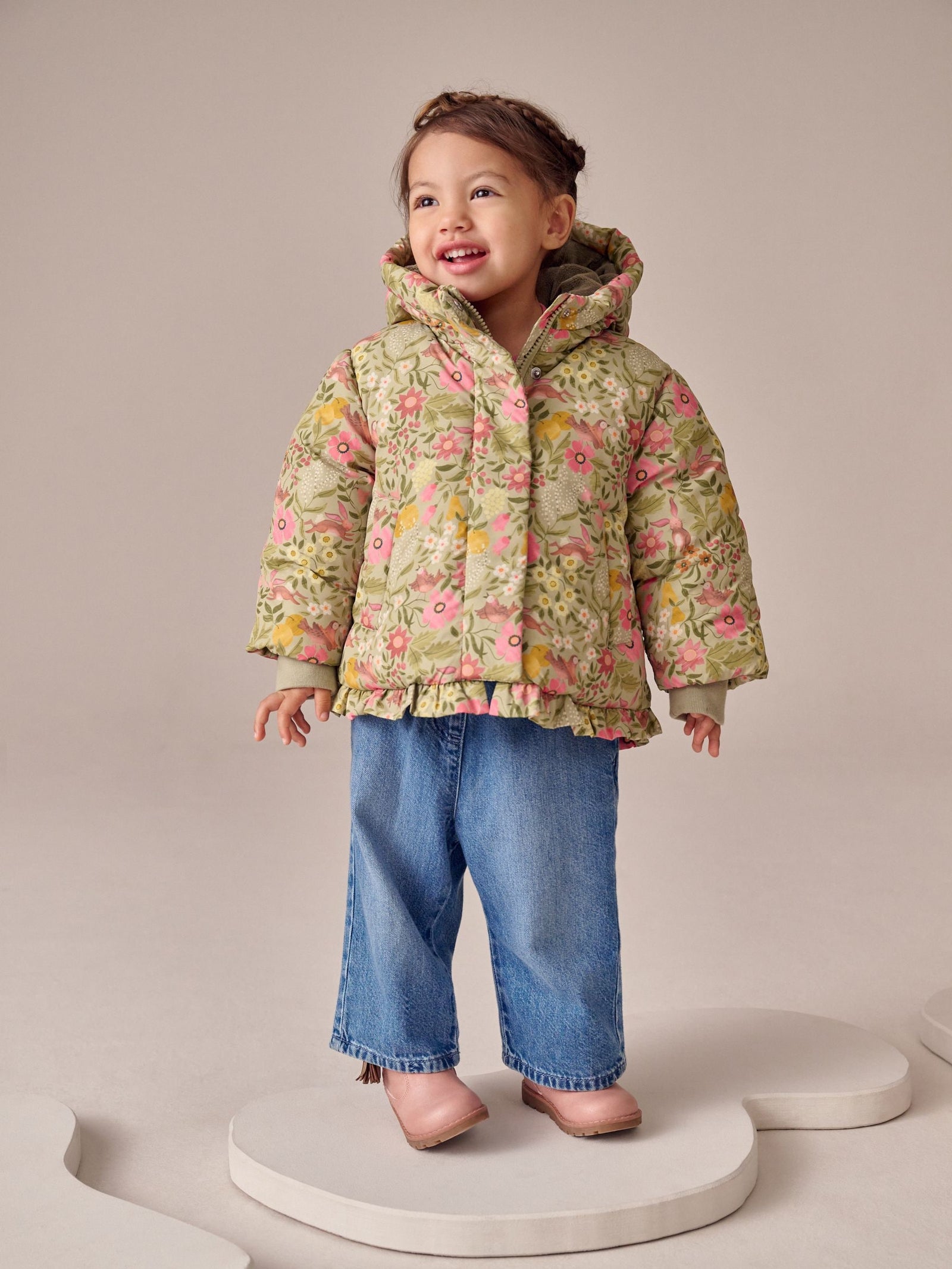 Green Floral Shower Resistant Frill Hem Padded Coat (3mths-7yrs)