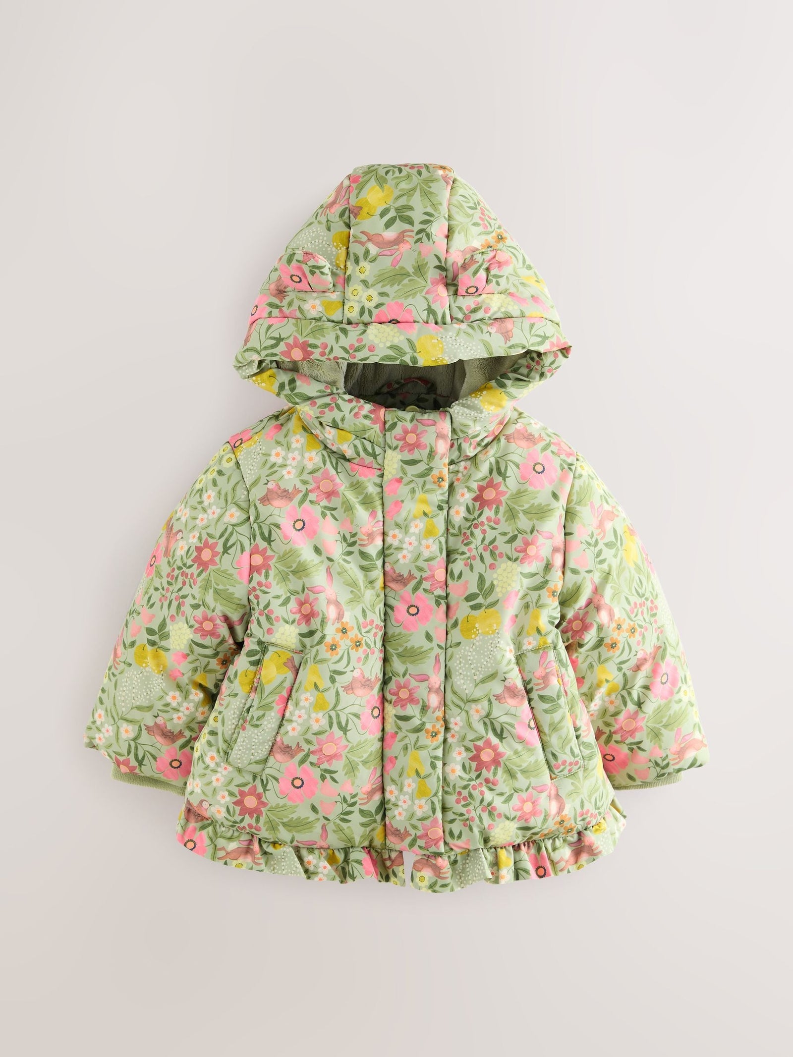 Green Floral Shower Resistant Frill Hem Padded Coat (3mths-7yrs)