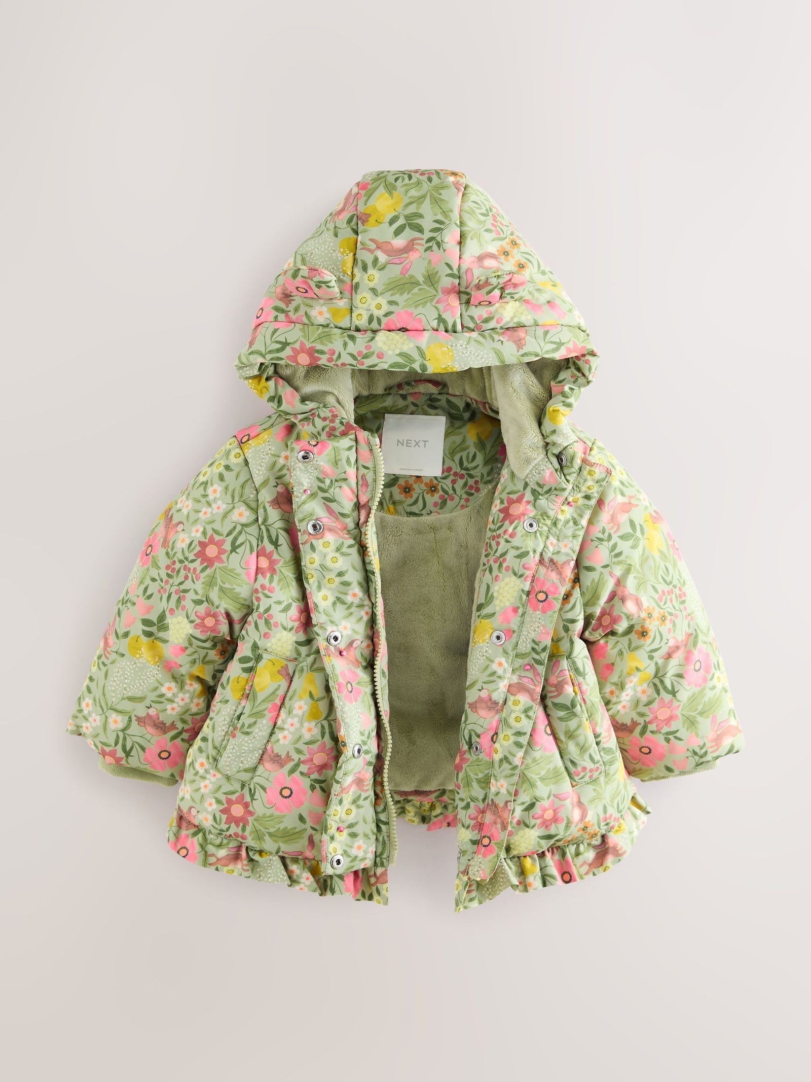Green Floral Shower Resistant Frill Hem Padded Coat (3mths-7yrs)