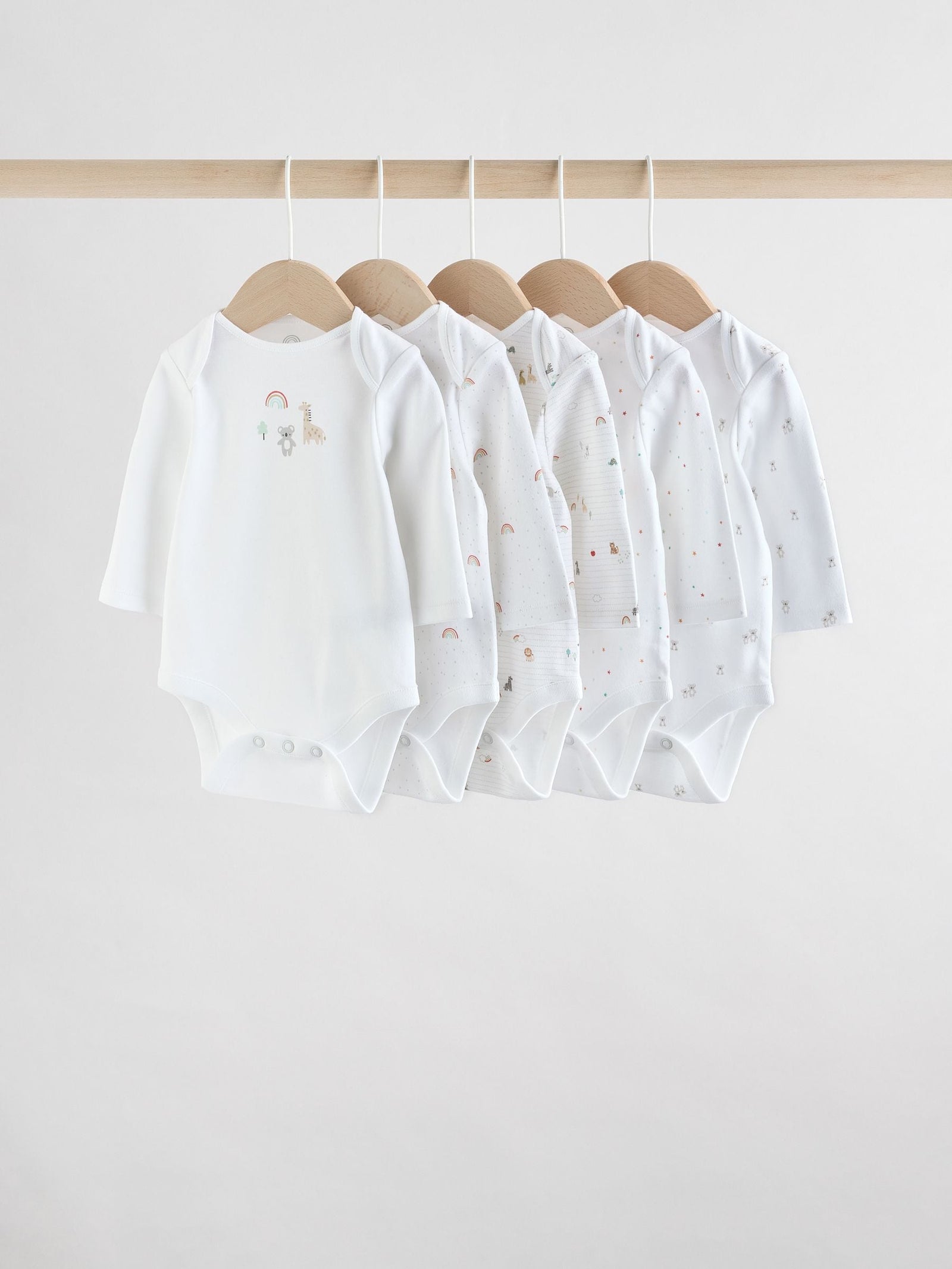 White Character 5 Pack Long Sleeve 100% Cotton Baby Bodysuits