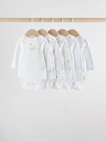 White Character 5 Pack Long Sleeve 100% Cotton Baby Bodysuits