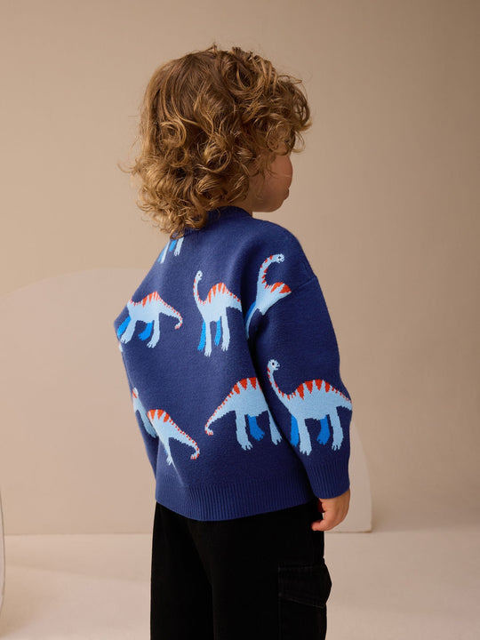 Blue Dinosaur Knitted Crew Neck Jumper (3mths-7yrs)