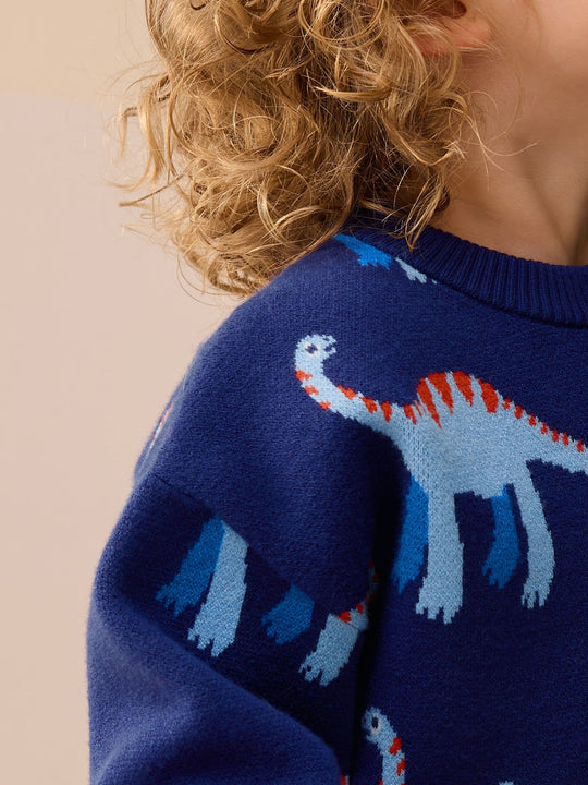 Blue Dinosaur Knitted Crew Neck Jumper (3mths-7yrs)