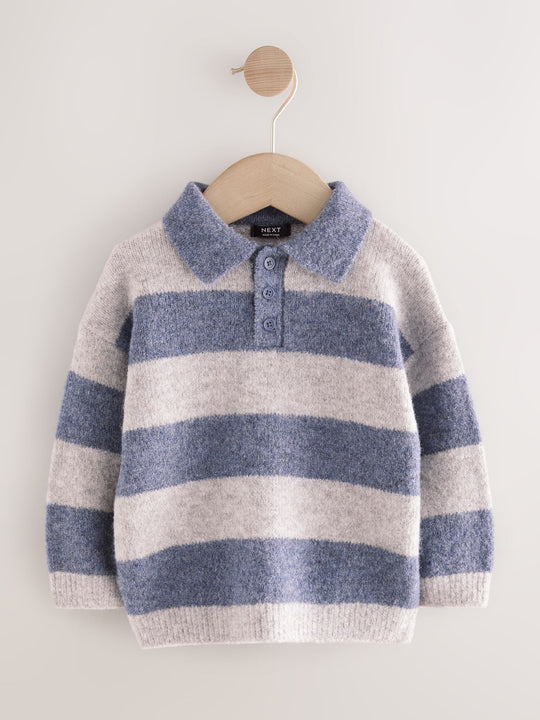 Blue Stripe Knitted Rugby Polo Shirt (3mths-7yrs)