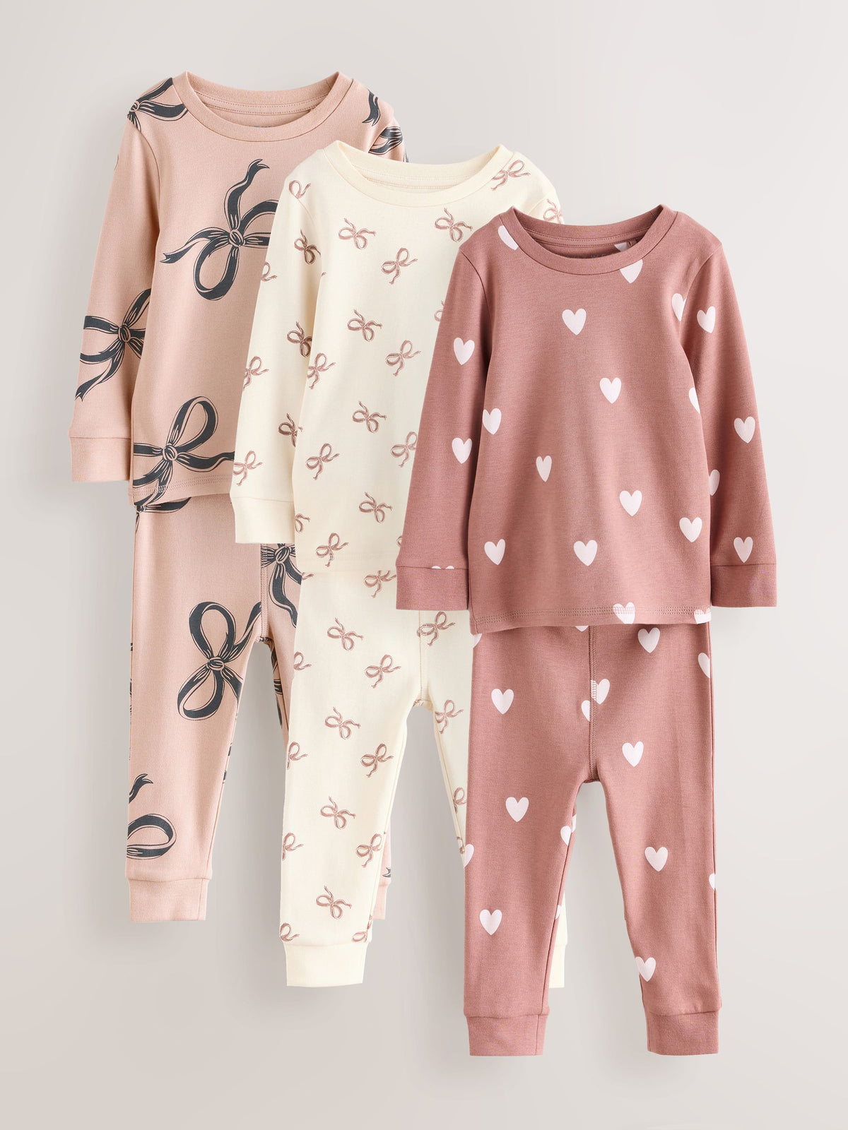 Ecru/Brown Bow Print Snuggle Pyjamas 3 Pack (9mths-12yrs)