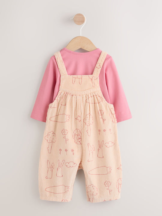 Cream / Pink Character Baby Dungaree and Bodysuit Two Piece Set (0mths-3yrs)