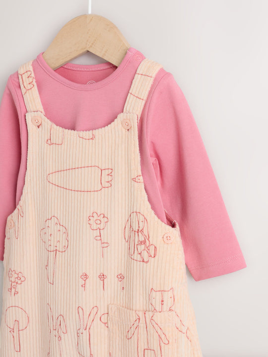 Cream / Pink Character Baby Dungaree and Bodysuit Two Piece Set (0mths-3yrs)