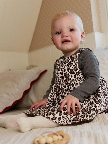 Charcoal Leopard Baby Cord Pinafore Long Sleeve Bodysuit & Tights Set immediate