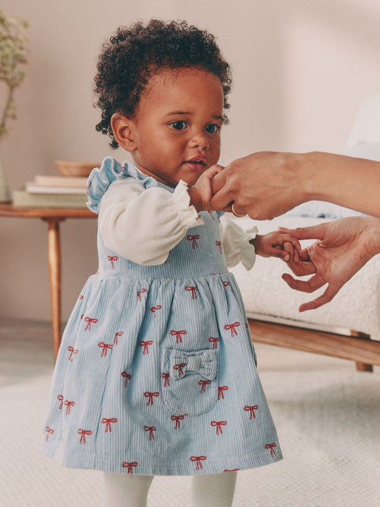 Blue Bow Baby Cord Pinafore Long Sleeve Bodysuit & Tights Set (0mths-2yrs)