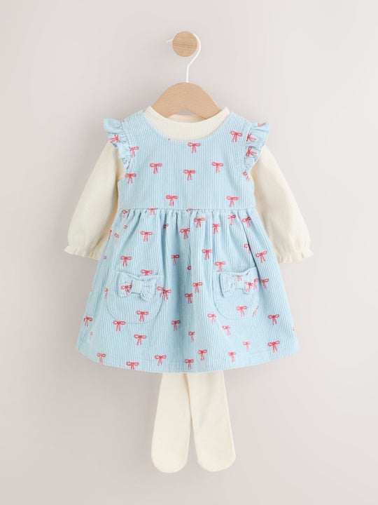 Blue Bow Baby Cord Pinafore Long Sleeve Bodysuit & Tights Set (0mths-2yrs)